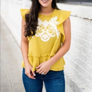 THML intricate ruffle sleeve yellow peplum blouse